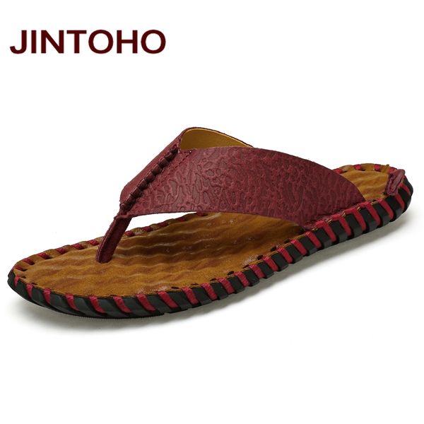 

jintoho genuine leather men slippers flip flops men slides fashion casual flip flop slippers summer beach, Black
