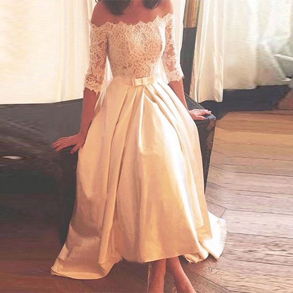 

country a-line satin ivory wedding dresses with sleeves lace appliques sweep train sash bodice vintage wedding gowns vestidos de noche, White