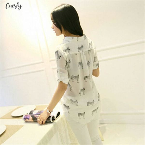 

women letter zebra print blouse chiffon shirt blusas fashion girls short sleeve chiffon button down, White
