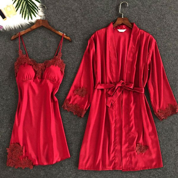 

satin sleepwear women lingerie lace robe & gown sets sleep nightwear bathrobe kimono night dress pajamas with chest pads, Black;red