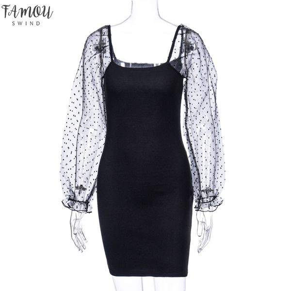 

2020 сетки слоеного рукав лоскутное сексуальные мини-платья осень зима женщин streetwear вечеринка наряды клуб платья, Black;gray