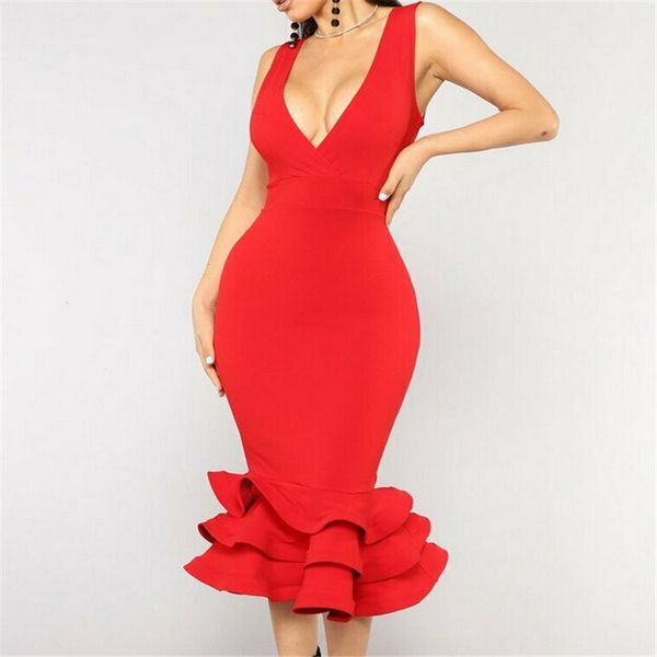 

2019 womens red sleeveless deep v neck cocktail party wedding evening party bridesmaid formal multi-layers midi pencil dress, Black;gray
