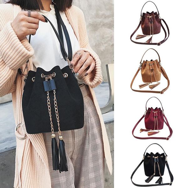 

высокое качество женщины suede мешок плеча tassel цепи ковшовые сумки для дам девушки crossbody сумки sac a main femme моды сумочку