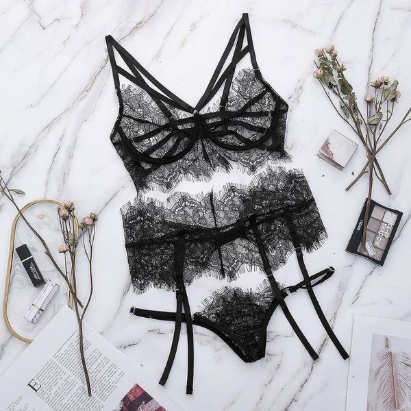 

lace eyelash sleepwear women lingerie bra set bandage lace bralette bustier crop garter panties bra sets erotic set, Red;black