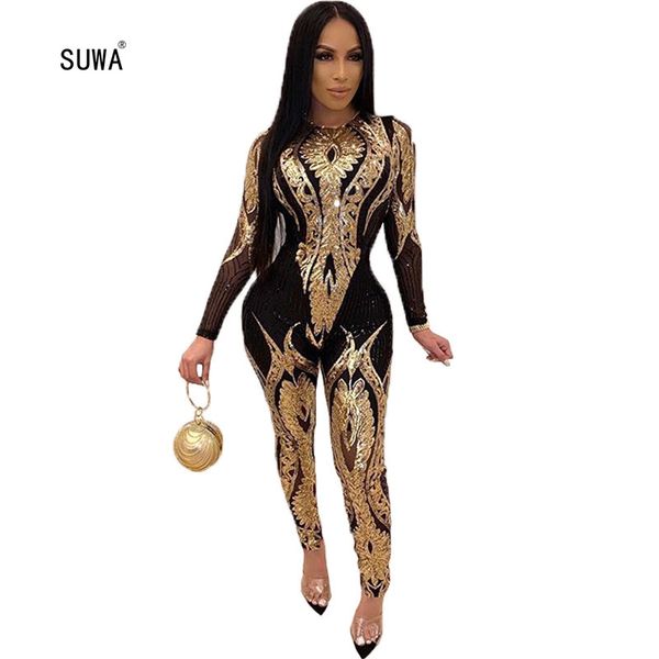 

trendy sequined patchwork skinny long jumpsuit wholesale new design high street women o neck long sleeve slim romper 2 color, Black;white