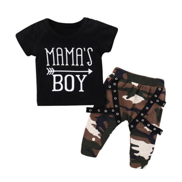 

Toddler Infant Kids Baby Bibs Boy 2Pcs Casual Letter T-shirt Camouflage Printing Long Pants Harem Cotton Outfits Clothes Set