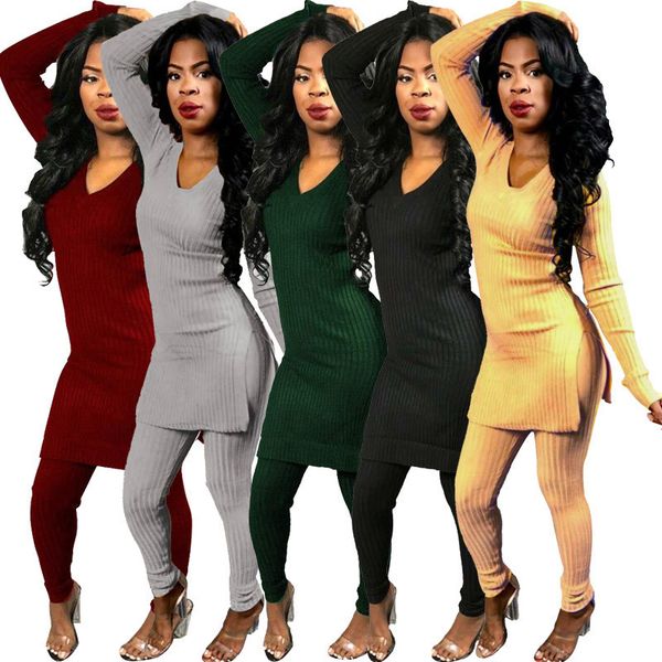 

elegant two piece set and pants outfits tracksuit women sweater ribbed office lady ensemble femme dos piezas, White