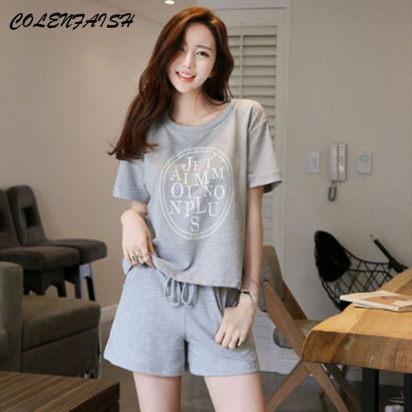 

high low and frill hem shorts pajama set women letter set two piece 2019 grey boat neck long sleeve pajama, Blue;gray