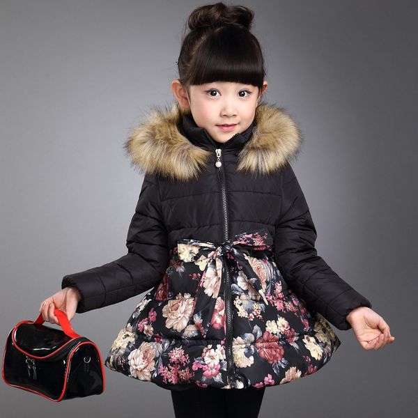 

autumn winter girls warm hooded long coat thick velvet floral cotton-padded fashion fur collarjacket children clothing, Blue;gray