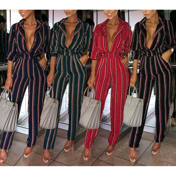 

sell new fashion womens ladies long sleeve deep v-neck striped jumpsuit playsuit pants overalls, Black;white