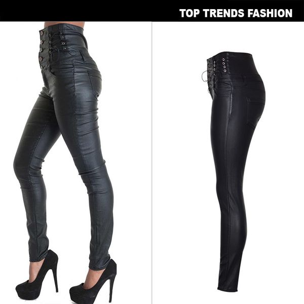 

women pu leather pants black stretch bodycon trousers women high waist long pants women jeans, Black;white