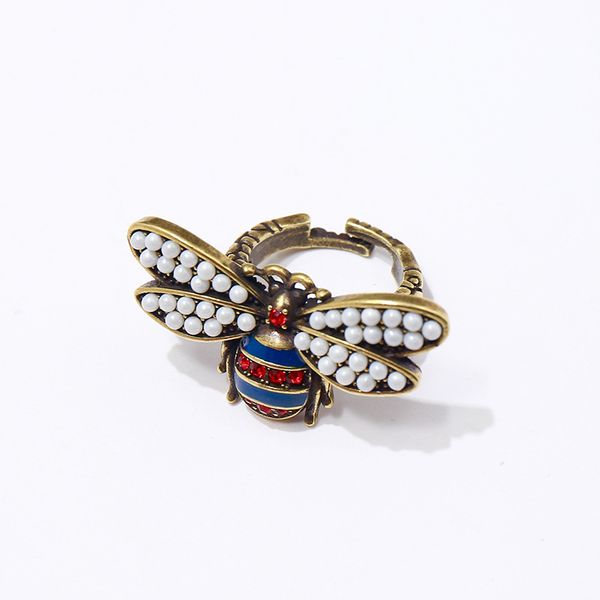 

copper-based retro pearl double-winged bee red and blue diamond ring luxury designer jewelry women rings bee ring, Slivery;golden