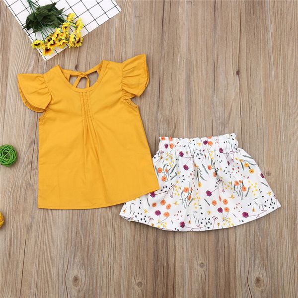 

toddler baby girls clothes sleeveless round neck solid pullover ruffle floral print skirts 2pc kids lovely cotton outfits, White