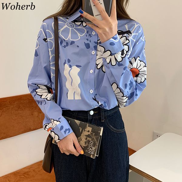 

woherb floral graffiti print casual loose blouse women long sleeve shirt female 2020 spring summer new fashion blusas, White