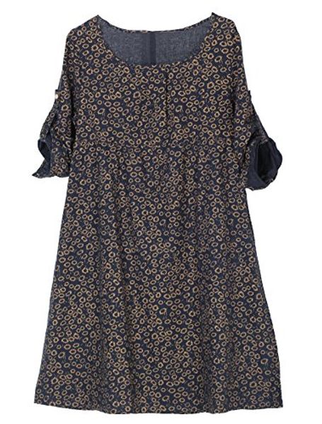 

minibee women's linen cotton short dress roll-up sleeve blouse, Black;gray