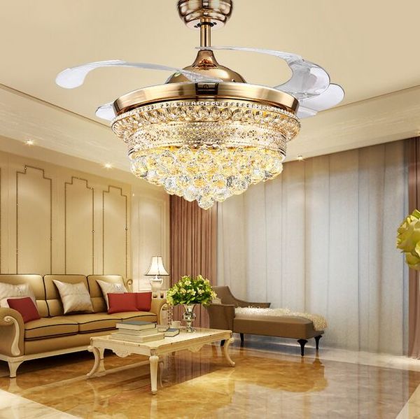 Ventilatore da soffitto invisibile a LED da 42 pollici, ventilatore a soffitto in cristallo con telecomando, semplice e moderna lampada a sospensione a cintura retrattile MYY
