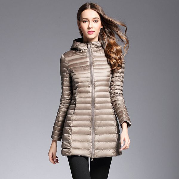 

akitsuma long down jacket women winter down coats ultra light jacket quilted hooded coat, Black