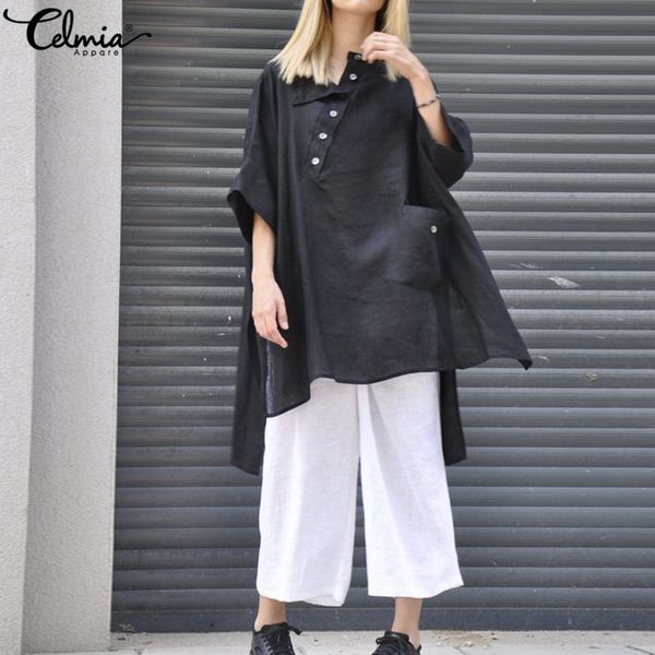 

celmia women vintage linen 2019 summer plus size asymmetric blouses 3/4 batwing sleeve casual bottons loose long shirts 5xl, White