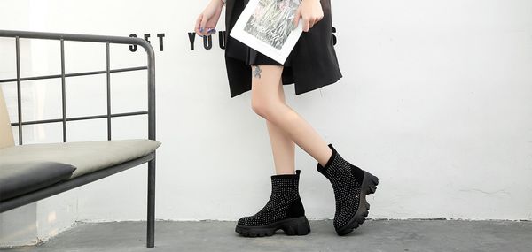 

2019 winter women's shoes thickness bottom water short boots genuine leather elastic short boots leisure, Black