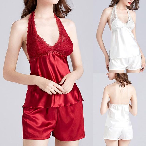 

sling and shorts women's pajamas set solid satin sleepwear soft sleeveless spring summer pajamas suit home clothes, Black;red