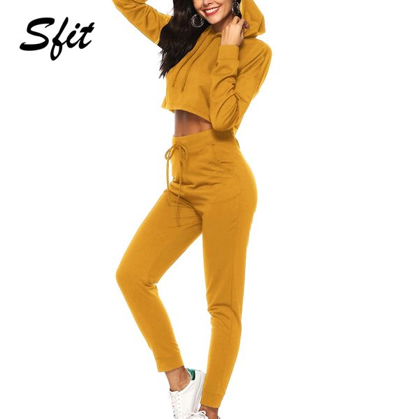 

sfit 2019 women solid color tracksuit 2pcs sports suit slim fit hooded casual set hoodies crop sweatshirt side pants female, White;red