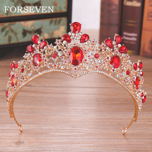 

red crystal wedding crown queen tiara bride crown headband bridal accessories diadem marry hair jewelry ornaments, Golden;white