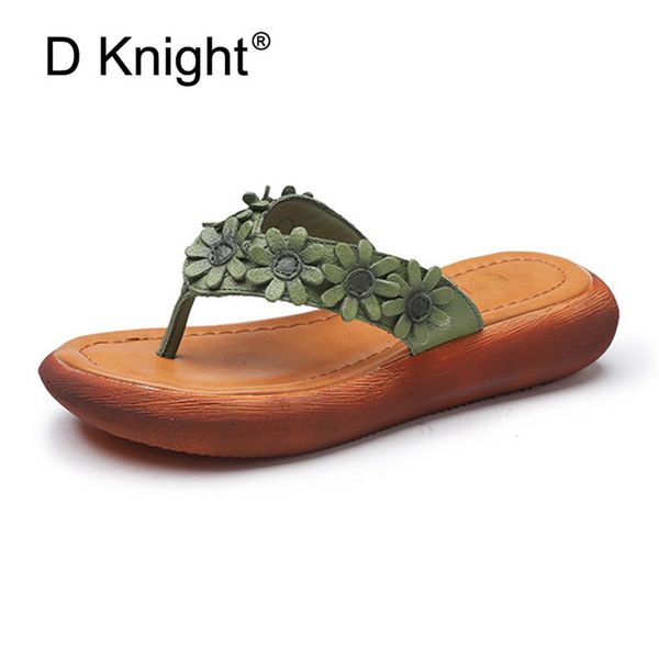 

2018 summer new flip flops original leather sweet flower women sandals comfortable slope lady flat platform shoes ethnic slipper, Black