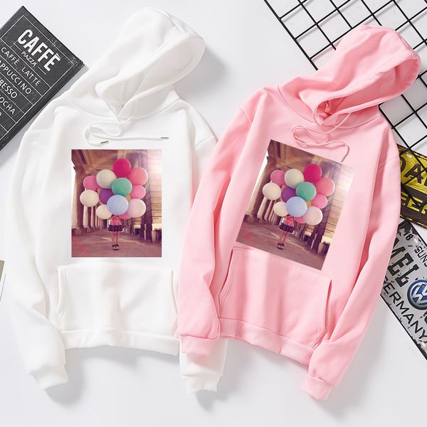 

2020 new casual ladies autumn hoodies daily sweatshirt womens colorful balloons print sweatshirt loose pocket pullover s6246, Black