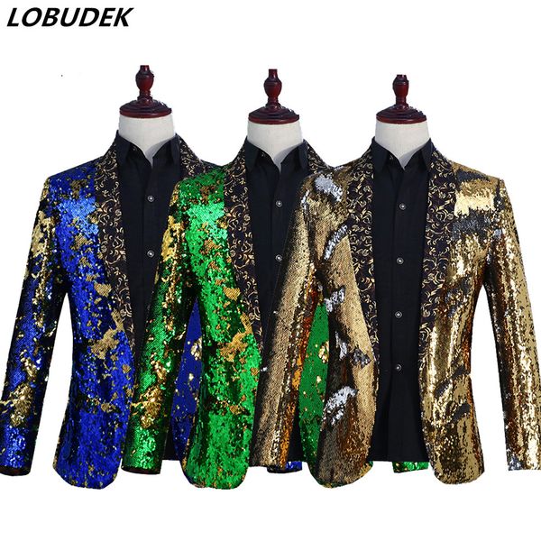 

new men sparkly sequins jacket blazers blue green black red gold purple color slim coat prom wedding outfit singer host costumes, White;black