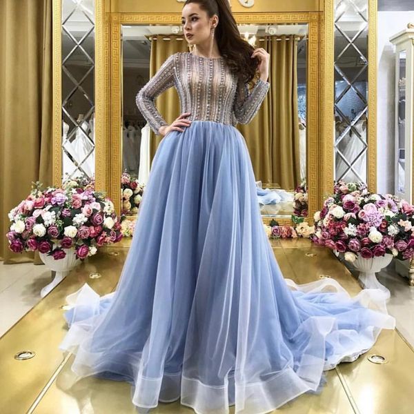 

elegant sky blue long sleeve evening dresses 2020 beaded evening gowns formal wear prom dress robe de soiree abendkleider, Black;red