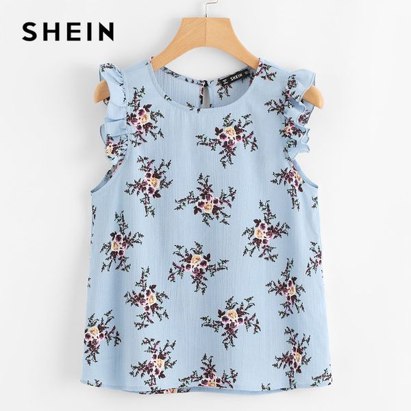 

shein frilled armhole button closure back floral 2018 summer women regular fit blouses blue chiffon sleeveless casual blouse, White