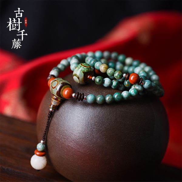 

ethnic beaded bracelet green dragon blood stone strand bracelet for women long chain dzi beads pendant 2018 fashion jewelry, Black