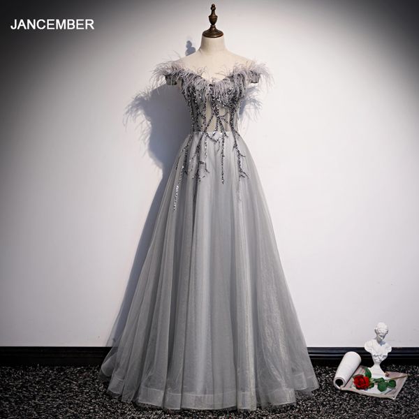 

jancember tulle gray graduation gown sequin applique graduation dress 2020 feather off shoulder v neck vestidos de graduacion, White;black