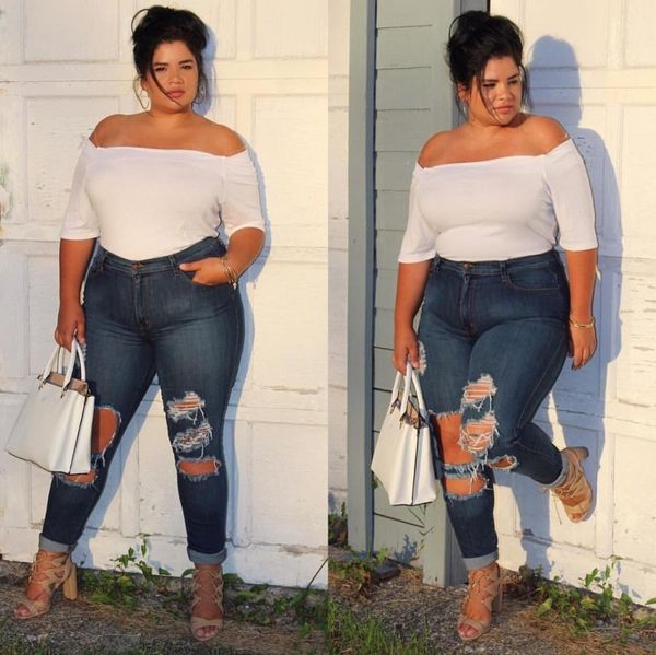 

plus size 4xl blue jeans pencil pants ripped jeans basic women long