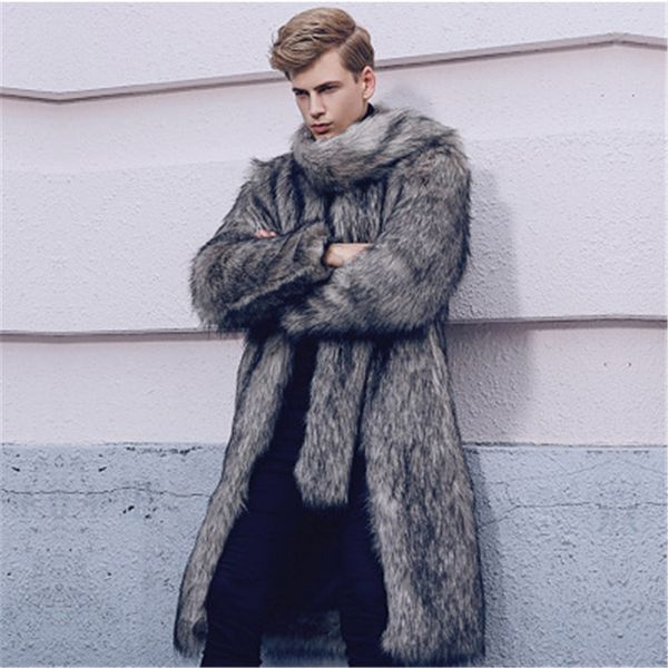 

men's autumn and winter 2018 new imitation fur coat long windbreaker warm coat trend cotton clothing, Black