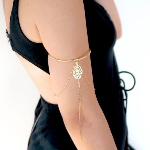 

bohemian hollow leaf upper arm cuff bracelets bangles for women gold charm female tassel arm bracelet body jewelry, Black