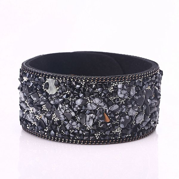 

christmas gifts fashion wrap cuff bracelets slake leather bracelets with crystals natural stone for women girls jewelry 2.8*21cm, Black