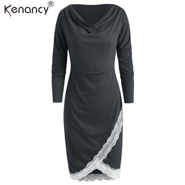 

kenancy lace trim sheath vestidos verano dress fashion long sleeve women casual cowl neck fall vestidos mini dress 2019 newest, Black;gray