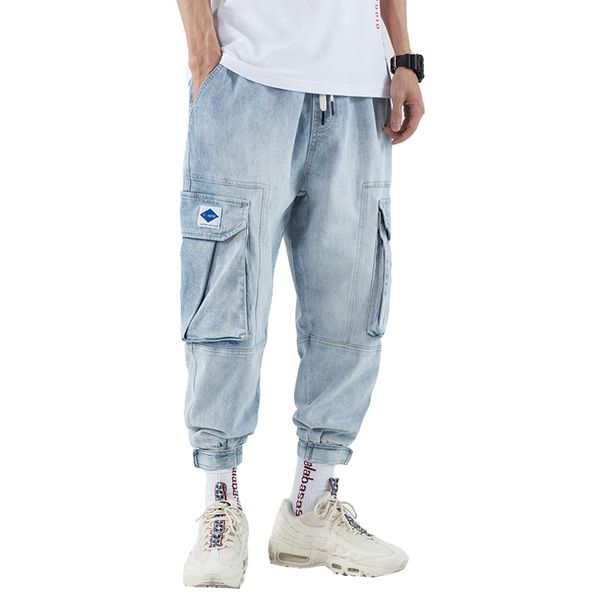 new men's fashion jeans casual hip hop loose denim jeans patchwork pocket trousers harem pants denim joggers for male, Blue