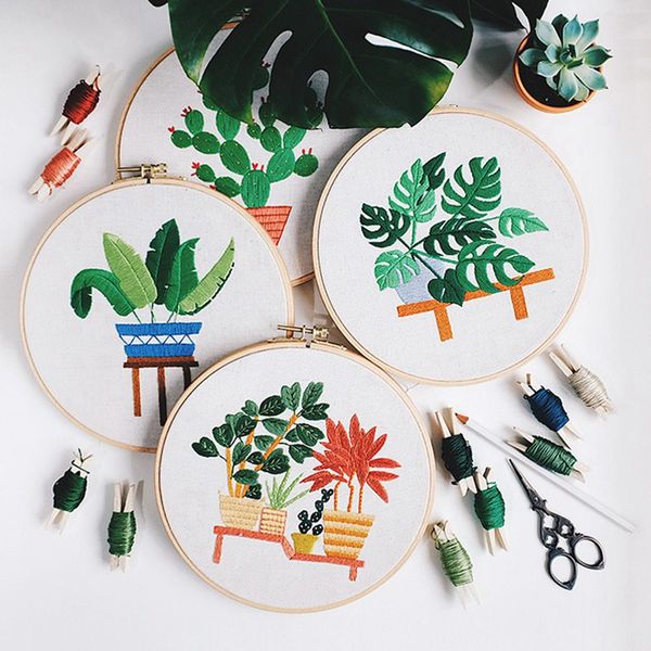 

modern diy embroidery plant monstera cactus handcraft needlework cross stitch kit cotton embroidery painting hoop home decor, Black