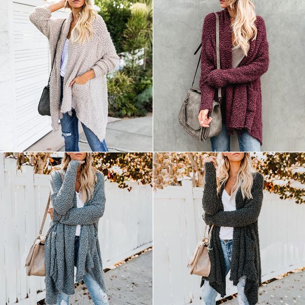 

polyester long sleeve casual women cardigan knit solid pocket irregular hem loose fuzzy autumn winter crew neck fashion soft, White