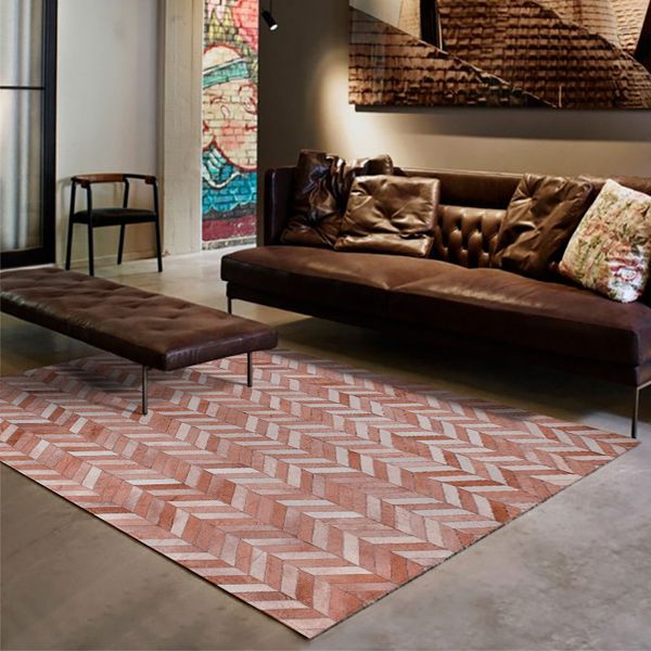 

orange pink chequer striped luxury cowhide patchwork rug big size american style real cow leather decoration carpet