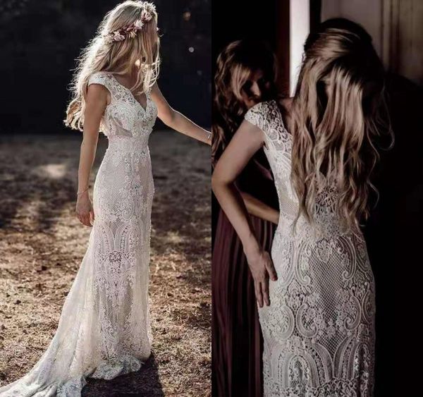 

платье de noiva 2020 vintage boho свадебное платье sexy кружева с коротким рукавом backless пляжные свадебные платья, White