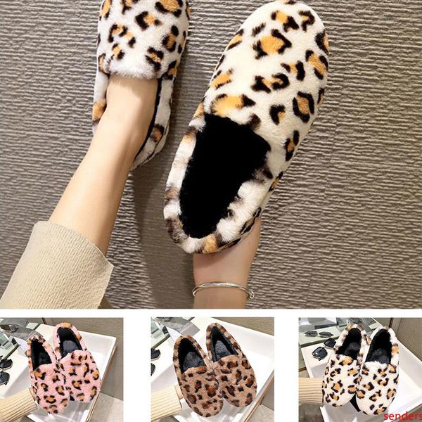 

new student casual lazy fur shoes women's low round head flat leopard plus velvet cotton shoes winter home wear