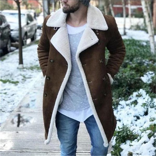 

winter mens designer jacket fleece faux leather coats brand new double breasted fashion thick warm mens coat, Black