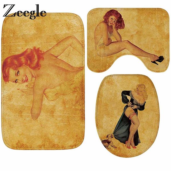 

zeegle bathroom mat european woman printed bath mat set 3pcs bathroom carpets non-slip bath rugs shower toilet rug