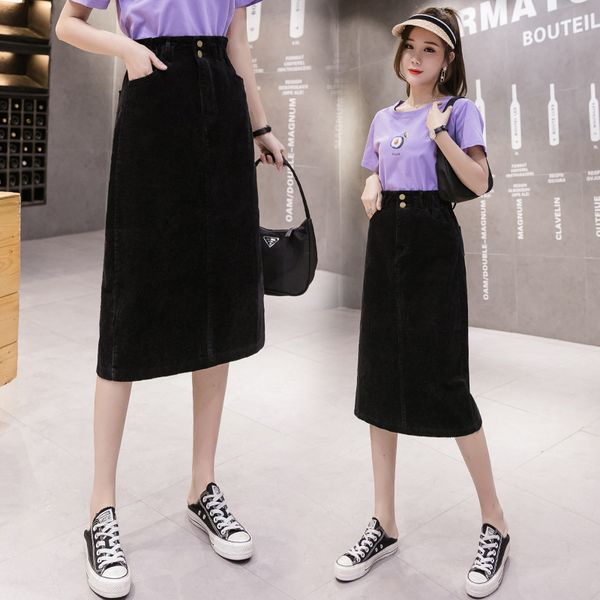 

5xl plus size women's denim skirt 2020 new korean version of the long corduroy breasted short skirt bag hip split, Black