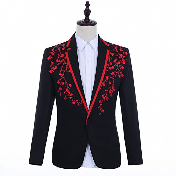 

casual party male banqute suits men's embroidery floral pattern single button blazer jacket presenter stage slim fit talicoat, White;black