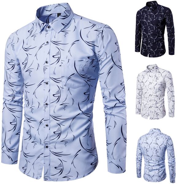 

2019 new men's plaid cotton dress shirts male men's new fashion digital broken flower long sleeved shirt 3.28, White;black