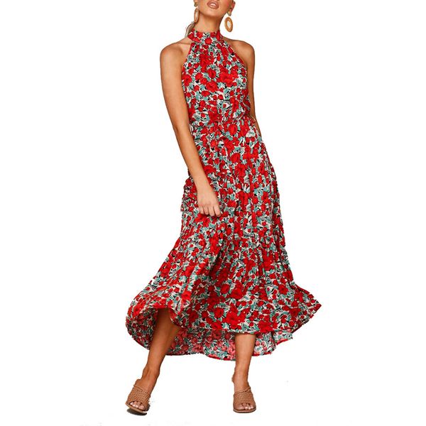

casual dresses summer dress women bodycon floral maxi party sleeveless halter long vestidos sundress bandage boho beach 2021, Black;gray
